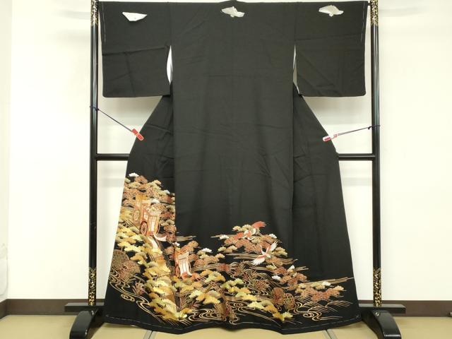 平和屋着物■豪華黒留袖　駒刺繍　御所車花文　金彩　正絹　逸品　DABE7559cd