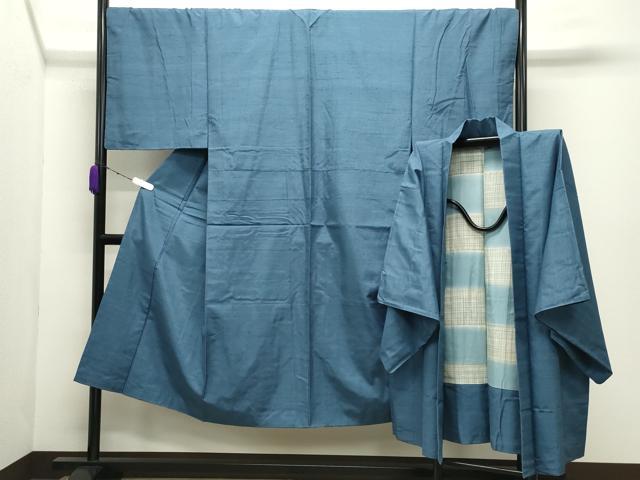 平和屋着物●男性　紬　アンサンブル　色無地　藍鼠色　正絹　逸品　CABD9209gh