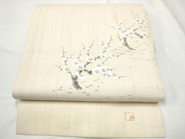 平和屋着物●染色作家　長谷川忠義　九寸名古屋帯　手描き　生紬　枝梅文　金彩　正絹　逸品　CABF5269hy