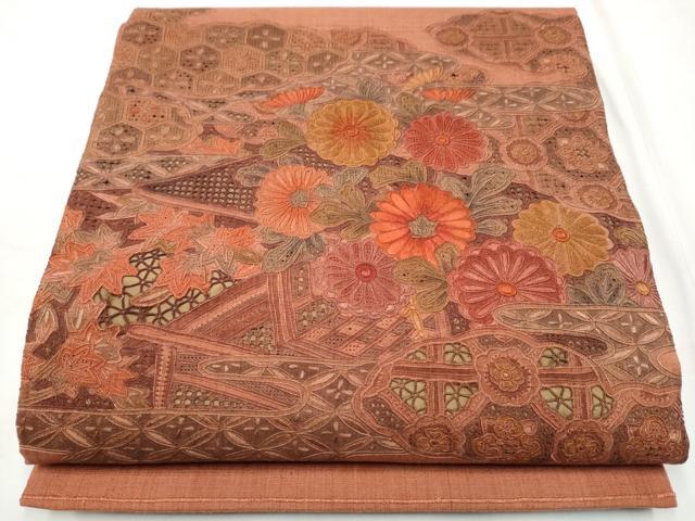 平和屋着物●中国三大刺繍　スワトウ相良刺繍　総刺繍　太鼓柄袋帯　紬地　風景草花文　正絹　逸品　CABF5339hy