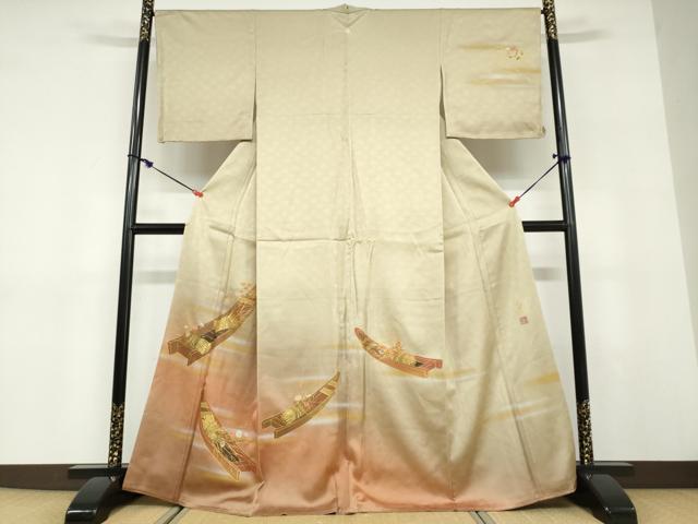平和屋着物●人間国宝　福田喜三郎　訪問着　刺繍　草花小舟文　暈し染め　金彩　正絹　逸品　DABD9431ud
