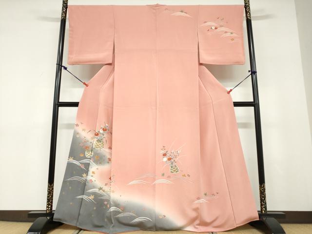 平和屋着物●訪問着　流水飾花文　暈し染め　金彩　鬼しぼ縮緬　正絹　逸品　DABD9448ud