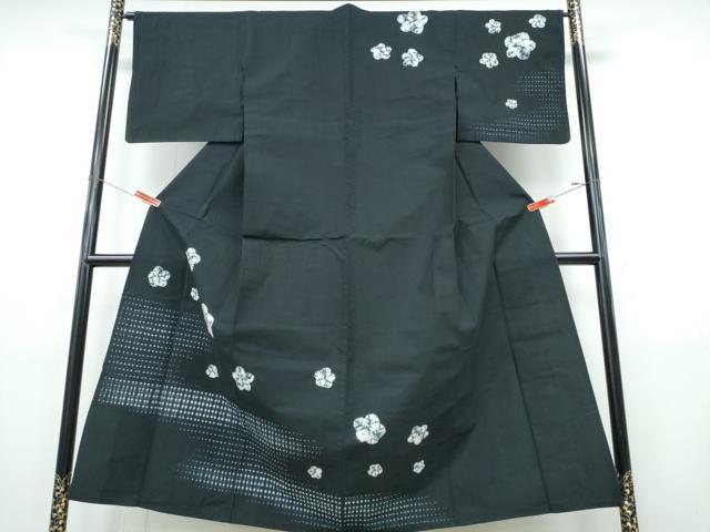 平和屋着物∴夏物　訪問着・浴衣兼用　絵羽浴衣　有松鳴海絞り　霞舞花文　黒地　綿　逸品　CABJ0308ng