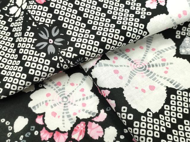 Female Yukatas - 平和屋着物∴夏物　浴衣　市松舞桜文　黒地　綿　逸品　CABD9528gh