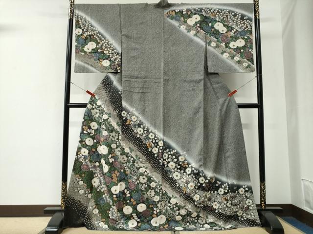 Kimono - 平和屋着物●訪問着　絞り　椿草花文　暈し染め　黒地　金通し地　ロング丈　正絹　逸品　CABE3169yc