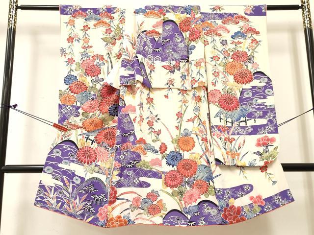 Kimono （For Girls） - 平和屋着物[]七五三　女の子　3歳　祝着　三つ身　型染　花蝶文　鬼しぼ縮緬　逸品　DABE7074ma