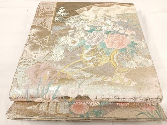 平和屋着物◎佐賀錦　全通柄袋帯　慶長重ね　花車扇づくし文　金銀糸　正絹　逸品　AABH0028yx