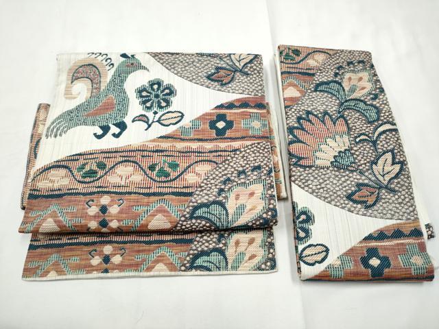 平和屋着物●つけ帯　紬地　孔雀花文　正絹　逸品　CABF8710hy