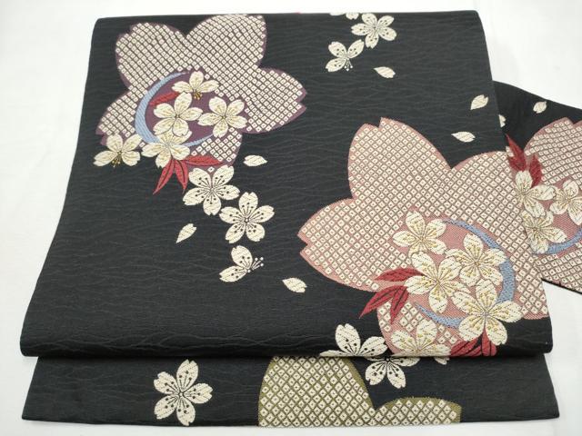 Rakuten - 平和屋着物●九寸名古屋帯　唐織　舞桜文　黒地　正絹　逸品　CABF8690hy