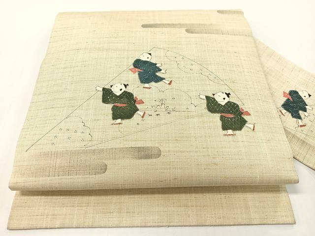 Rakuten - 平和屋着物●九寸名古屋帯　紬地　手描き　パッチワーク　唐子遊び　正絹　逸品　CABG1618vp