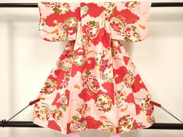 Kimono （For Girls） - 平和屋着物[]アンティーク　大正ロマン　七五三　女の子　3歳　祝着　三つ身　糸車鞠花丸文　逸品　DABC5278ma
