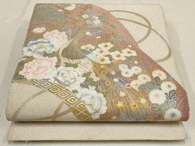 平和屋着物▼綴れ 太鼓柄袋帯 地紙孔雀花文 金糸 銀通し地 正絹 逸品 AABD8224wj