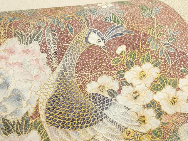 平和屋の平和屋着物▼綴れ 太鼓柄袋帯 地紙孔雀花文 金糸 銀通し地 正絹 逸品 AABD8224wj｜アングル3