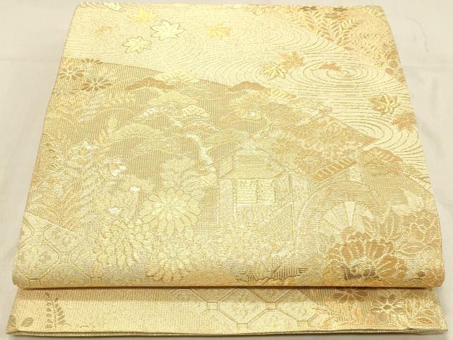 平和屋着物◎六通柄袋帯 流水花文 金糸 正絹 逸品 DABA2478ya