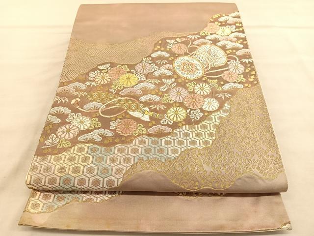 平和屋着物◎六通柄袋帯 唐織 立波楽器花文 金銀糸 正絹 逸品 BAAV1505hv