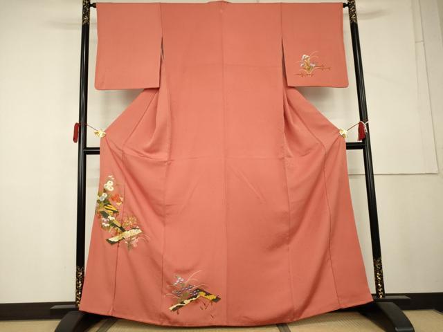 平和屋着物●訪問着　総刺繍　駒刺繍　草花文　正絹　逸品　AABL1193cs
