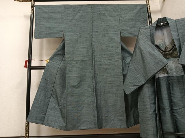 平和屋着物●男性　紬　アンサンブル　色無地　山鳩色　正絹　逸品　AABI6307ph