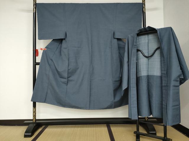 平和屋着物■男性 紬 アンサンブル 藍色 正絹 逸品 AAAT1400gw