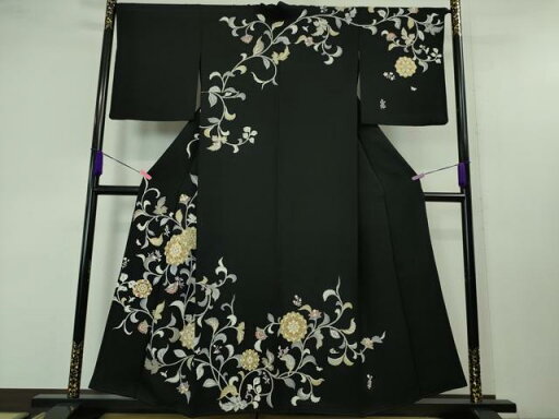 平和屋本店■極上 訪問着 駒刺繍 花唐草文 背抜き仕立て 黒地 金彩 逸品 DZAA4231kh5 平和屋本店■極上 訪問着 駒刺繍 花唐草文 背抜き仕立て 黒地 金彩 逸品 DZAA4231kh5