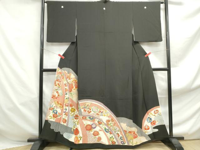 Kimono - 平和屋着物■豪華黒留袖　駒刺繍　扇面花文　金彩　正絹　逸品　DABF4971qa