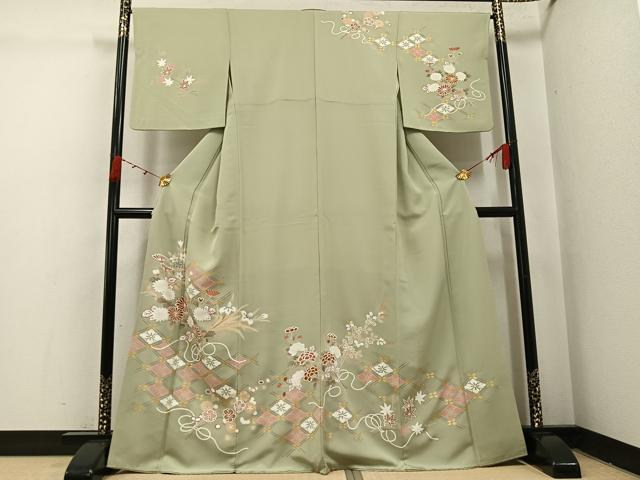 Rakuten - 平和屋着物●訪問着　友禅　駒刺繍　草花文　金彩　正絹　逸品　AABI4833ph