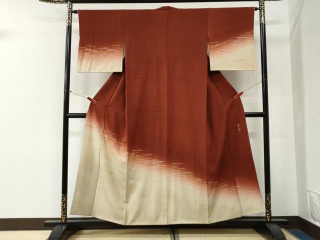 平和屋着物●人間国宝　福田喜三郎　訪問着　刺繍　溢れ松葉　暈し染め　金彩　正絹　逸品　CABG0830yc