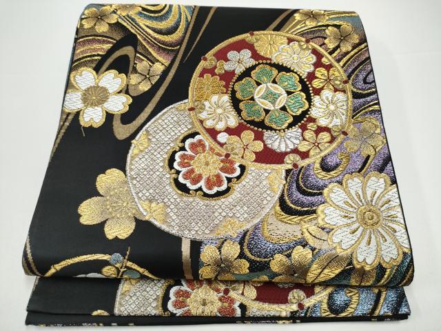 平和屋着物●六通柄袋帯　草花丸文　黒地　金銀糸　正絹　逸品　CABG9108hy