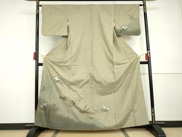 平和屋着物●訪問着　紬地　手描き　枝花文　金彩　正絹　逸品　AABI5161cs