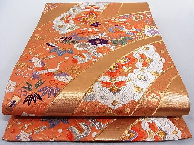 平和屋着物◎六通柄袋帯　唐織　飛鶴宝尽くし花文　金銀糸　正絹　逸品　AAAF2788Ajz