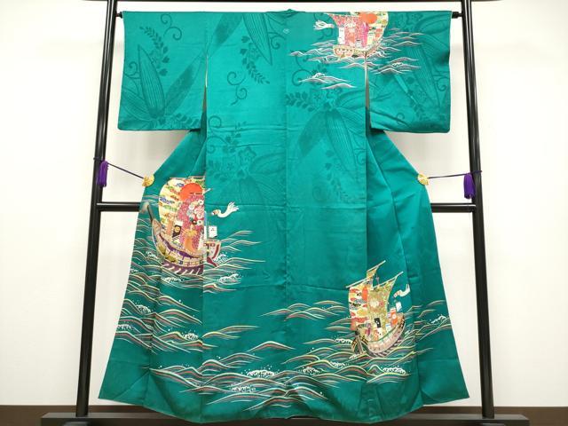 平和屋本店■極上　アンティーク　大正ロマン　訪問着　駒刺繍　南蛮船　金糸　萌葱色地　逸品　CYAA2189s5のサムネイル