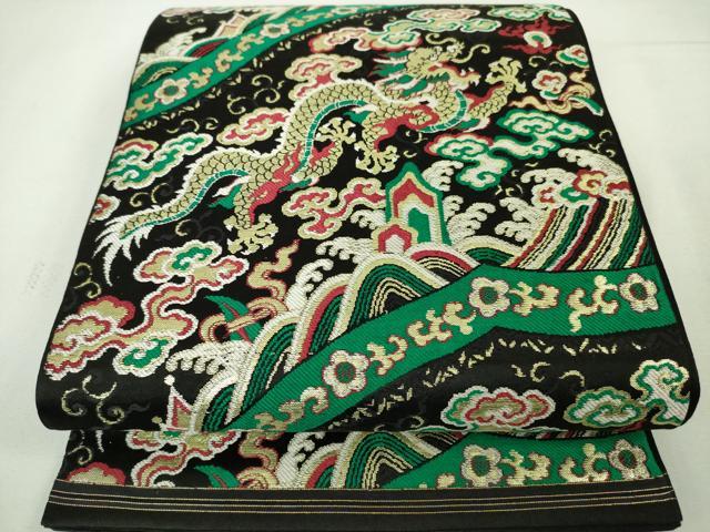 平和屋本店■極上　アンティーク　大正ロマン　六通柄　本袋帯　龍　黒地　金糸　逸品　DZAA4575kh5