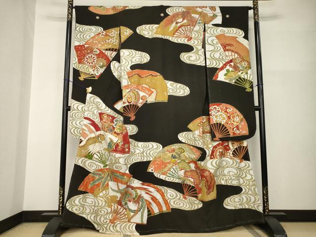 Rakuten - 平和屋本店●アンティーク　大正ロマン　振袖　駒刺繍　地紙吉祥花鳥文　黒地　金彩　正絹　逸品　AABI0793ck