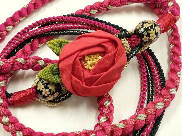 平和屋着物●和装小物　振袖用帯締め　装飾　ちりめん細工　椿　飾り玉　金銀糸　金彩　逸品　AABJ1048ay