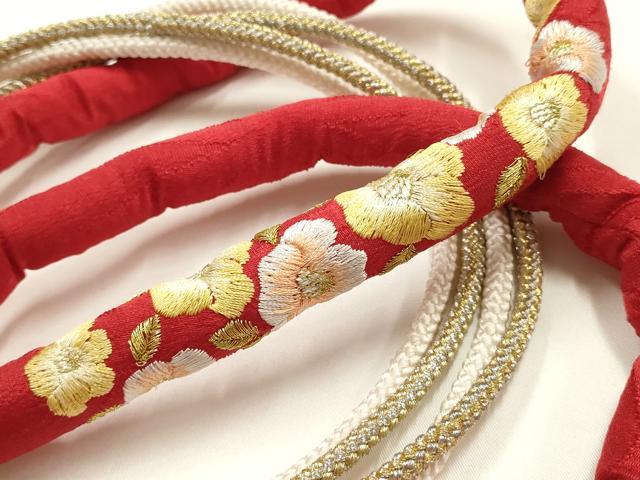 平和屋着物●和装小物　振袖用帯締め　丸ぐけ　刺繍　椿　小田巻　金銀糸　逸品　AABJ1052ay