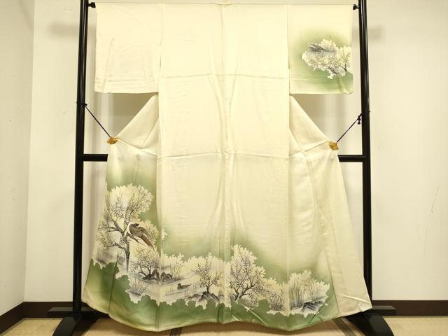 平和屋着物▽訪問着　単衣　手描き　尾長鳥鴛鴦文　暈し染め　正絹　逸品　DABE9833du