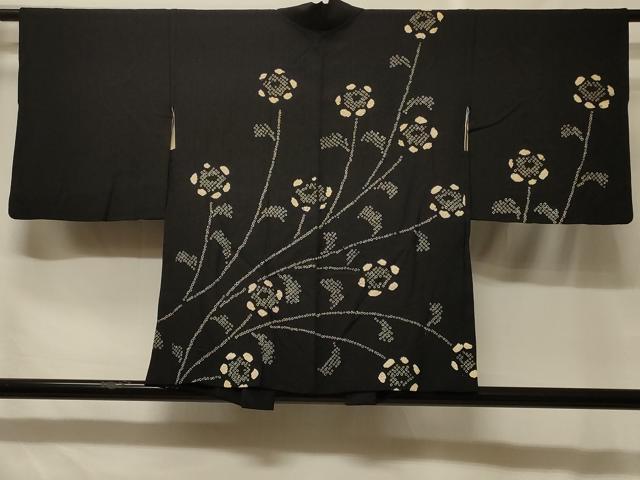 平和屋着物＃羽織　絞り　枝花文　黒地　正絹　逸品　CABF8823in