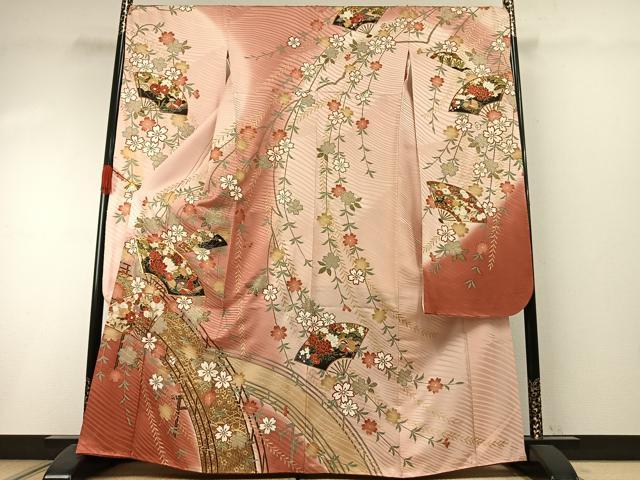 平和屋着物●豪華振袖　駒刺繍　扇面花鳥文　暈し染め　金彩　正絹　逸品　AABI1755fy