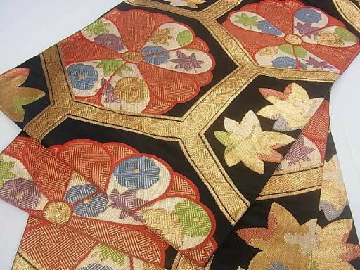 平和屋着物■六通柄袋帯 亀甲花文 黒地 金糸 逸品 ar4324 平和屋着物■六通柄袋帯 亀甲花文 黒地 金糸 逸品 ar4324