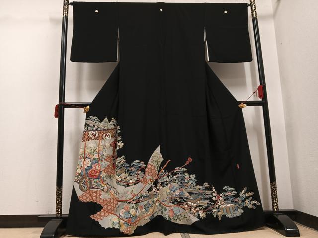 平和屋着物●本加賀友禅作家　奥原一就　黒留袖　松竹梅几帳風景文　正絹　逸品　AA...
