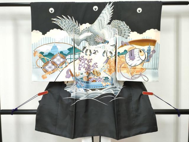 平和屋着物[]お宮参り 男の子 祝着 産着 初着 のしめ 駒刺繍 鷹 鷲 宝船 金彩 逸品 DABE7388ma