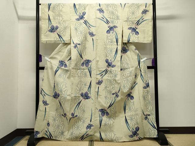 平和屋の平和屋着物∴夏物 浴衣 杜若 麻の葉文様 綿 逸品 CABG4137gh｜アングル2