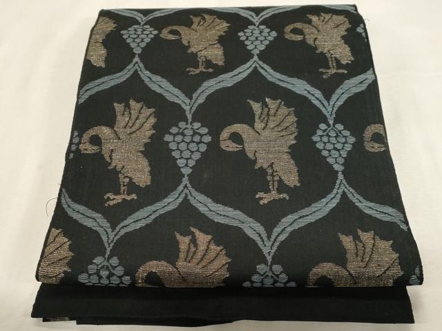 平和屋着物●八寸名古屋帯　紬地　花鳥文　黒地　金糸　正絹　逸品　CABG3076dy