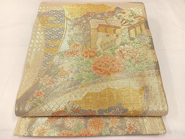 平和屋着物◎佐賀錦 六通柄袋帯 御所車花鳥文 金糸 正絹 逸品 AAAI6142Bnp