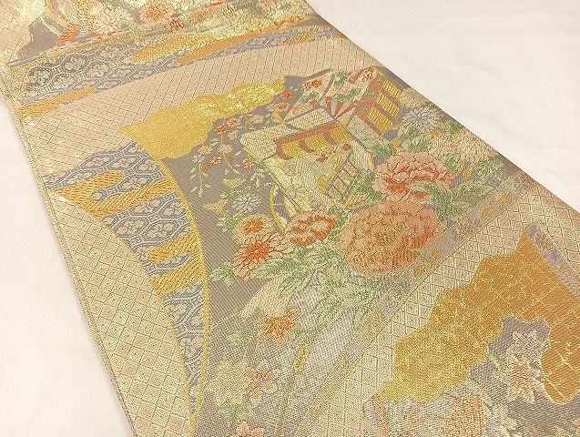 平和屋着物◎佐賀錦　六通柄袋帯　御所車花鳥文　金糸　正絹　逸品　AAAI6142Bnp