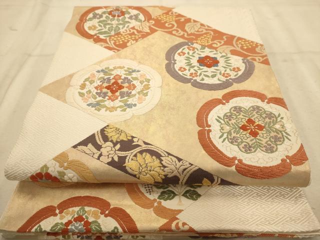 平和屋着物◎西陣　六通柄袋帯　唐織　切嵌花文　金糸　正絹　逸品　AABA7221dt