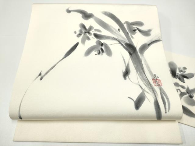 平和屋着物●塩瀬　九寸名古屋帯　作家物　手描き　草花文　正絹　逸品　CABH4841hy