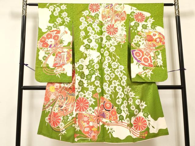 平和屋着物[]七五三 女の子 7歳 祝着 四つ身 駒刺繍 扇面御所車花文 金彩 逸品 DABC5488ma
