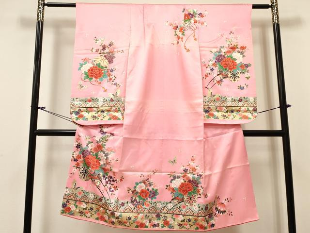 平和屋着物[]七五三　女の子　7歳　祝着　四つ身　鞠　舞蝶花車文　金銀彩　逸品　DABC5492ma