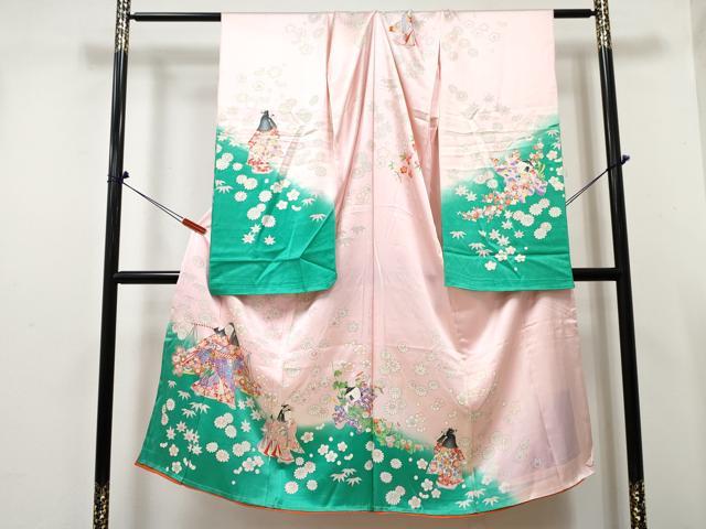 平和屋着物[]七五三　女の子　子供　祝着　駒刺繍　童子花文　暈し染め　金彩　仮絵羽　逸品　未使用　DABE7316ma