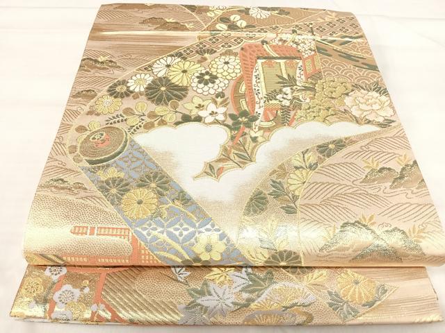 平和屋着物◎六通柄袋帯 唐織 御所車絵巻花文 九百錦 金糸 正絹 逸品...